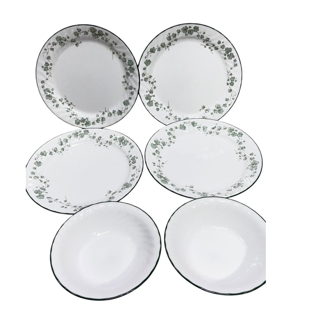 Corelle English Ivy 6 Piece Set 4 Dinner Plates 2 Cereal Bowls Green White USA